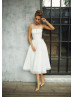 Ivory Lace Tulle Tea Length Keyhole Back Wedding Dress